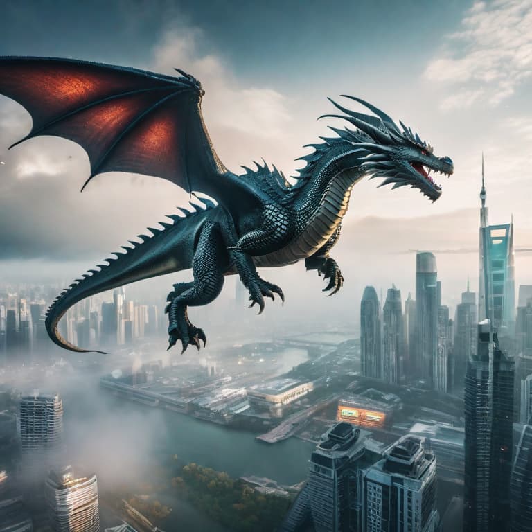  Dragon flying over a futuristic city hyperrealistic, full body, detailed clothing, highly detailed, cinematic lighting, stunningly beautiful, intricate, sharp focus, f/1. 8, 85mm, (centered image composition), (professionally color graded), ((bright soft diffused light)), volumetric fog, trending on instagram, trending on tumblr, HDR 4K, 8K