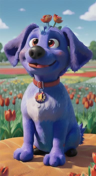  {The red ball nestled in a bed of colorful flowers like daisies and tulips, The big blue dog is large with sky blue fur, big round eyes, a black nose, and floppy ears.