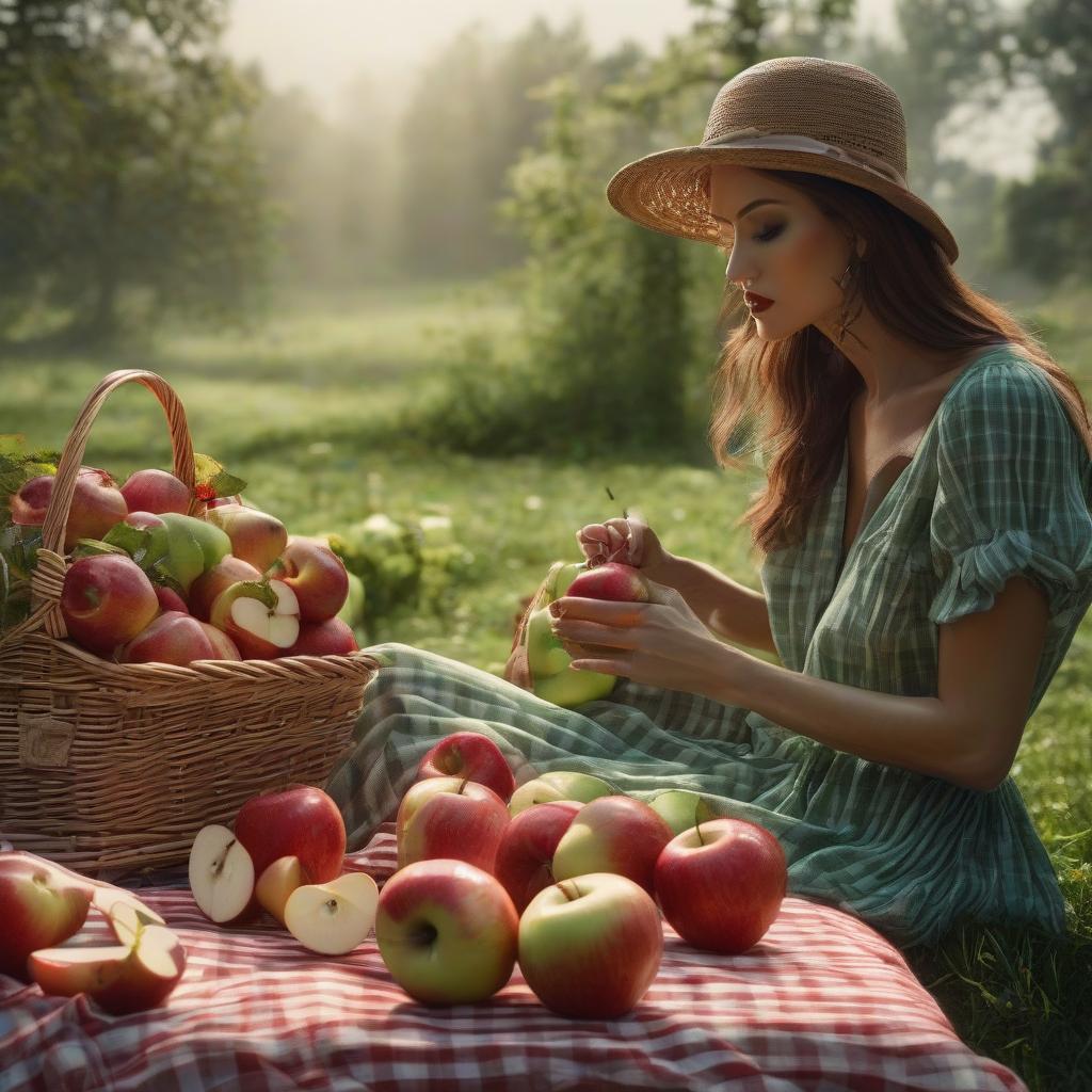  A side view of a picnic with a green checkered tablecloth and apples. hyperrealistic, full body, detailed clothing, highly detailed, cinematic lighting, stunningly beautiful, intricate, sharp focus, f/1. 8, 85mm, (centered image composition), (professionally color graded), ((bright soft diffused light)), volumetric fog, trending on instagram, trending on tumblr, HDR 4K, 8K