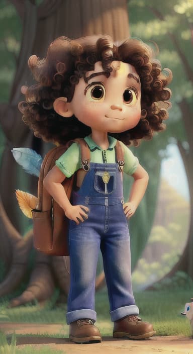  {The tree shining brightly and releasing a gentle, magical light., Riley, a curious with big brown eyes and curly hair, wearing overalls and carrying a small backpack. Their friend, Skye, a bluebird with shiny feathers.