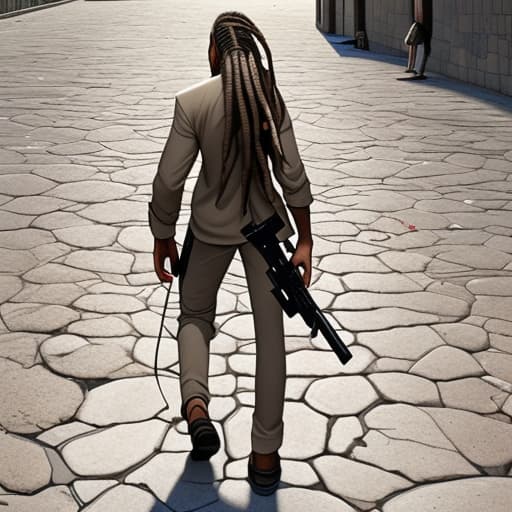  A back view image of a young man with dreadlocks holding a Gun and walking on paved stones