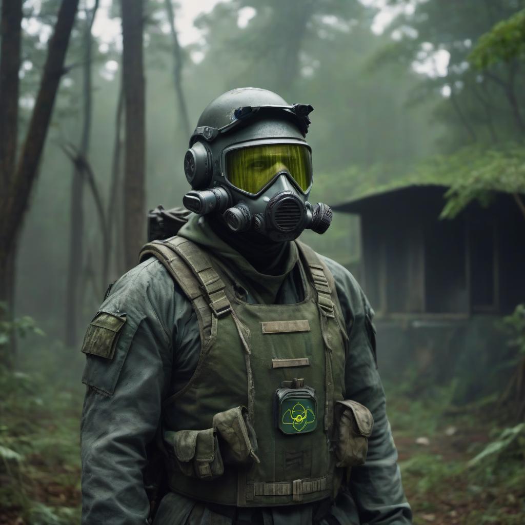  A Stalker in a costume resembling military or specialized survival gear for a radioactive zone. The costume is dark, possibly slightly worn and splattered with something. There's a badge on the Stalker's shoulder clearly displaying the "Monolith" symbol from the game "S.T.A.L.K.E.R". The atmosphere is dimly lit with predominantly grey and green tones, highlighting the abandoned and dangerous environment. hyperrealistic, full body, detailed clothing, highly detailed, cinematic lighting, stunningly beautiful, intricate, sharp focus, f/1. 8, 85mm, (centered image composition), (professionally color graded), ((bright soft diffused light)), volumetric fog, trending on instagram, trending on tumblr, HDR 4K, 8K