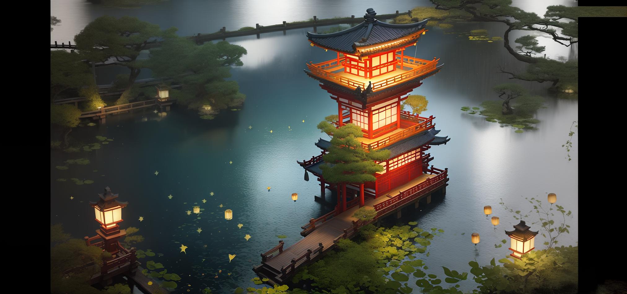  masterpiece, best quality,(fidelity: 1.4), best quality, masterpiece, ultra high resolution, 8k resolution, night view inspired by Japanese art, featuring a garden illuminated by paper lanterns and a wooden bridge spanning a tranquil lake with a small Zen temple by the lake. The water reflects the stars.