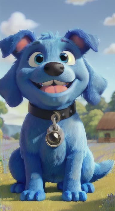  {A happy, big blue dog wagging its tail in a colorful meadow, The big blue dog is large with sky blue fur, big round eyes, a black nose, and floppy ears.