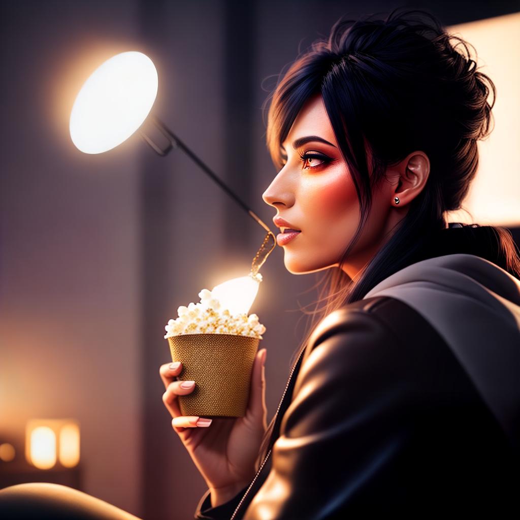  The girl with dark brown hair and brown eyes is sitting on the couch, eating popcorn with the guy with black hair, a centimeter tall and brown eyes hyperrealistic, full body, detailed clothing, highly detailed, cinematic lighting, stunningly beautiful, intricate, sharp focus, f/1. 8, 85mm, (centered image composition), (professionally color graded), ((bright soft diffused light)), volumetric fog, trending on instagram, trending on tumblr, HDR 4K, 8K