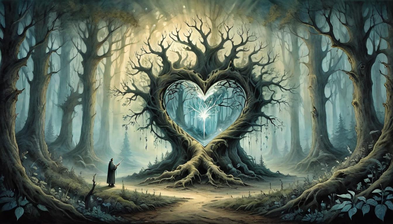  on parchment, surrealism+++, An illuminated crystal in the heart of a shadowy forest, Trees with gnarled roots stretch towards the light, natural sanctuary, whispers of resilience, ethereal glow, profound serenity, source of moral clarity(mysterious, provocative, symbolic,muted color)+++