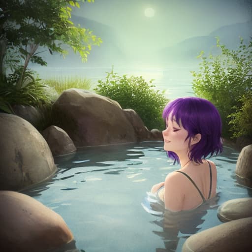  warm light, flat color, from behind, cute ,  face, slender, green middle wavy hair, purple eyes, age, collarbone, large ,  wrapping in towel, light smile, half closed eyes, leaning forward, back bridge, partially submerged, hot spring, steam, night view, red leaf