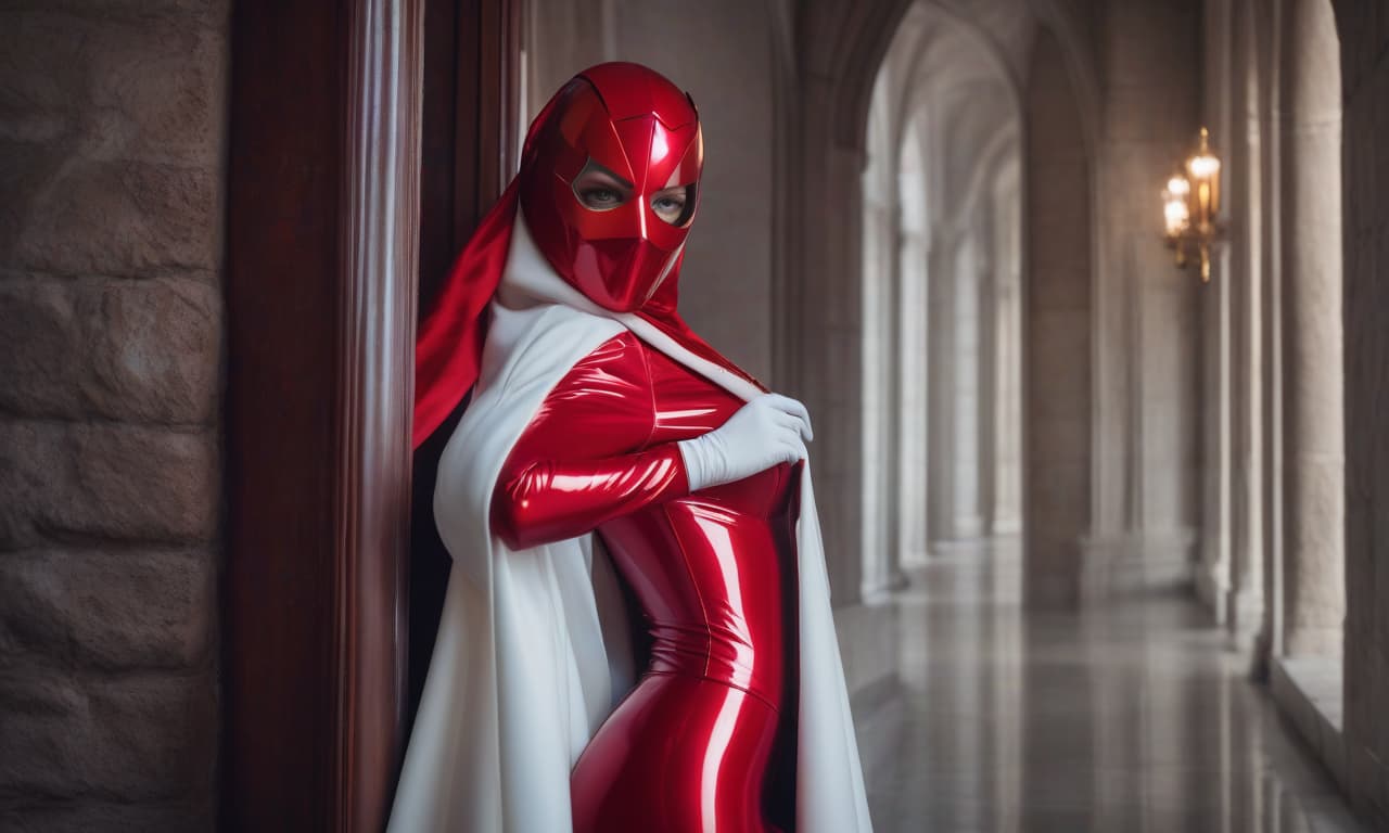  cinematic film still 4K, Strict Nun, in full height, pale skin, vividly colored eyes, plump lips, standing against a wall in a dazzling red latex outfit hugging her body tightly. A tight red mask covers her entire head and face. The mask tightly covers her entire face. White gloves on her hands. White boots on high heels, a red corset, (dark frame: 1.17), dramatic, gray, (neutral colors), artistic, (hdr: 1.5), subdued colors: 1.2), highly detailed, (Artstation: 1.5), cinematic, warm light, dramatic light, (complex details: 1.1), complex background, (Rutkovsky: 0.8), (sapphire and orange: 0.4), Detail, ((complex details, super detailed)). . shallow depth of field, vignette, highly detailed, high budget, bokeh, cinemascope, moody, epic, gorg hyperrealistic, full body, detailed clothing, highly detailed, cinematic lighting, stunningly beautiful, intricate, sharp focus, f/1. 8, 85mm, (centered image composition), (professionally color graded), ((bright soft diffused light)), volumetric fog, trending on instagram, trending on tumblr, HDR 4K, 8K