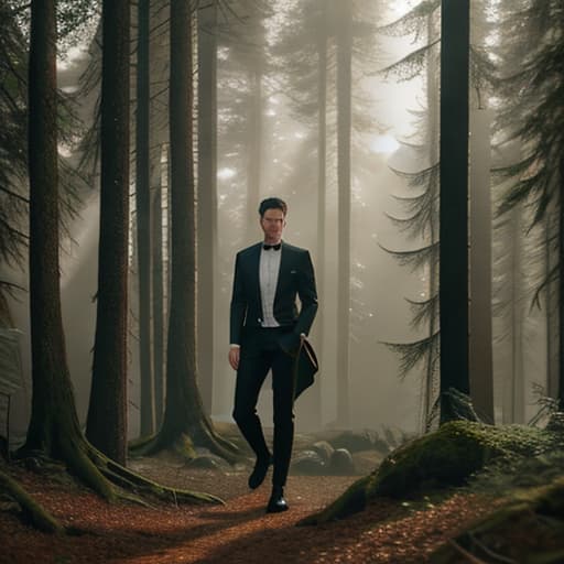  a men in the forest hyperrealistic, full body, detailed clothing, highly detailed, cinematic lighting, stunningly beautiful, intricate, sharp focus, f/1. 8, 85mm, (centered image composition), (professionally color graded), ((bright soft diffused light)), volumetric fog, trending on instagram, trending on tumblr, HDR 4K, 8K
