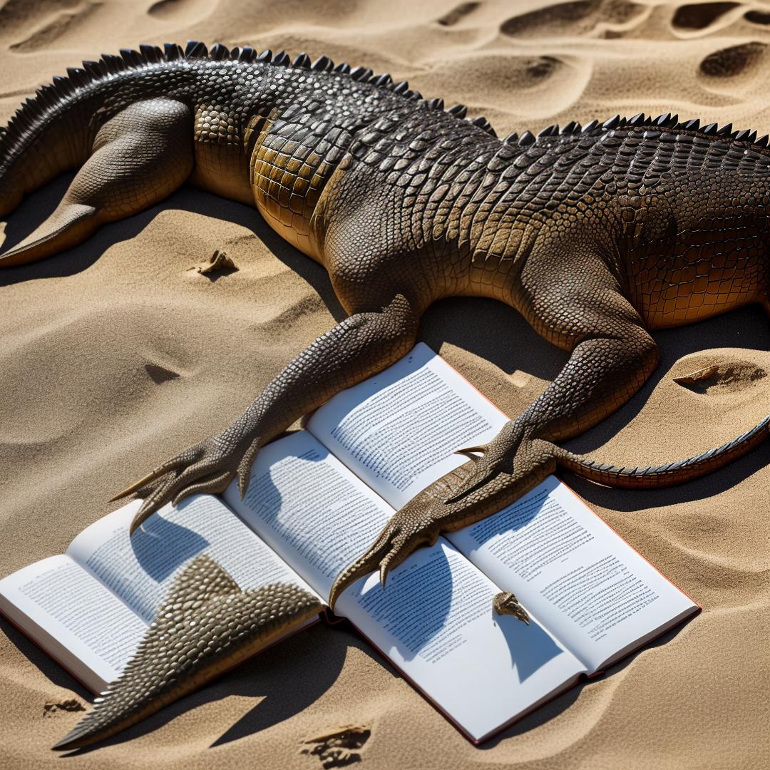  A crocodile is reading a book on a beach. hyperrealistic, full body, detailed clothing, highly detailed, cinematic lighting, stunningly beautiful, intricate, sharp focus, f/1. 8, 85mm, (centered image composition), (professionally color graded), ((bright soft diffused light)), volumetric fog, trending on instagram, trending on tumblr, HDR 4K, 8K