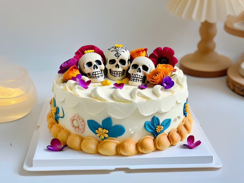  A closeup, photorealistic image of a beautifully intricate cake that seamlessly blends traditional French patisserie techniques with vibrant Mexican confectionery decorations. The cake features delicate layers of flaky puff pastry and rich tres leches filling, adorned with colorful marzipan sugar skulls, intricate piped royal icing designs, and edible flowers in a harmonious fusion of culinary traditions. The lighting highlights the textures and details, showcasing the craftsmanship and creativity in this unique dessert masterpiece. hyperrealistic, full body, detailed clothing, highly detailed, cinematic lighting, stunningly beautiful, intricate, sharp focus, f/1. 8, 85mm, (centered image composition), (professionally color graded), ((bright soft diffused light)), volumetric fog, trending on instagram, trending on tumblr, HDR 4K, 8K