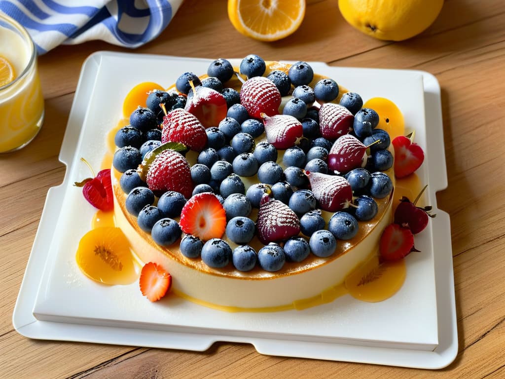  A stunning, minimalist image of a perfectly balanced dessert plate showcasing a delicate fruit tart with just the right amount of protein, carbs, and fats, surrounded by carefully arranged fresh berries and a drizzle of honey. The dessert is elegantly presented on a simple, white ceramic plate, emphasizing the harmony of macronutrients in a visually appealing and appetizing way. hyperrealistic, full body, detailed clothing, highly detailed, cinematic lighting, stunningly beautiful, intricate, sharp focus, f/1. 8, 85mm, (centered image composition), (professionally color graded), ((bright soft diffused light)), volumetric fog, trending on instagram, trending on tumblr, HDR 4K, 8K