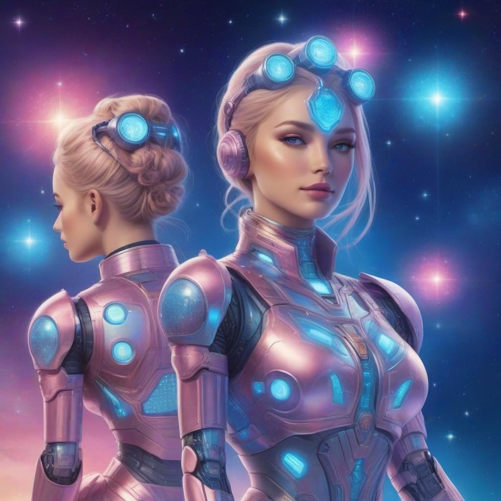  Two robots of the girl from the future, dance, around a luminous fountain of light -blue pink neurons, against the backdrop of a blue golden galaxy.Style art