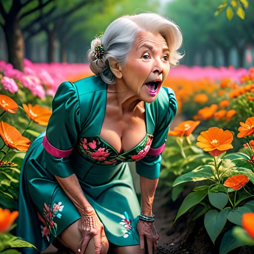   old woman, flower dress, exposing , aheago face, open mouth, squatting dynamic view, from above, looking up at viewer, tongue out, saliva drooling out of her open mouth down her chin and onto her small perky s, pink sports , bottomless, colorful, darl background,flower armor,green theme,exposure blend, medium shot, bokeh, (hdr:1.4), high contrast, (cinematic, teal and orange:0.85), (muted colors, dim colors, soothing tones:1.3), low saturation, hyperrealistic, full body, detailed clothing, highly detailed, cinematic lighting, stunningly beautiful, intricate, sharp focus, f/1. 8, 85mm, (centered image composition), (professionally color graded), ((bright soft diffused light)), volumetric fog, trending on instagram, trending on tumblr, HDR 4K, 8K