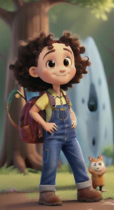  {The tree with a smiling face formed by its bark, looking down at Riley., Riley, a curious with big brown eyes and curly hair, wearing overalls and carrying a small backpack. Their friend, Skye, a bluebird with shiny feathers.