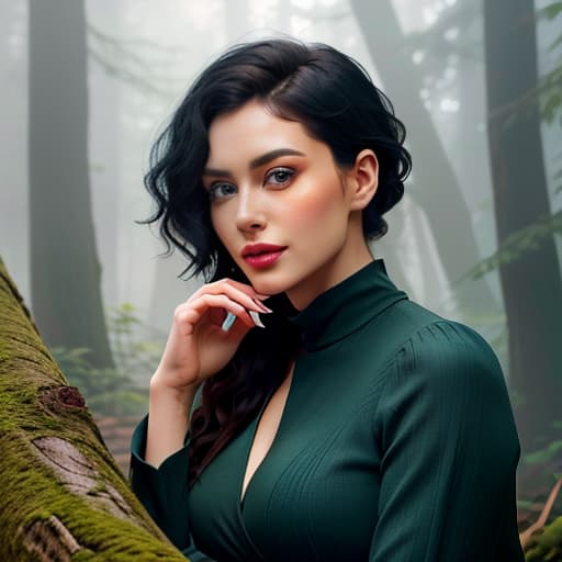  A young woman in her 20s or 30s, with short curly black hair. Sits majestically on a decaying log in the forest, leaning her cheek on her hand. Her eyes are a striking blue. Her appearance isn't model like, her nose is pointed, her face elongated, predatory. Her lips are medium thick, not thin nor plump. Her eyelashes are long and black. No makeup. She has a small second sized chest. A cunning smile. Dressed in a green medieval blouse with a deep neckline and brown woolen trousers. I imitated your description exactly, but I recommended clarifying some details, and possibly emphasizing the word "contact" with the log, as it could create a more vivid image. I hope that's what you wanted. Let me know if you need help with anything else! Tr hyperrealistic, full body, detailed clothing, highly detailed, cinematic lighting, stunningly beautiful, intricate, sharp focus, f/1. 8, 85mm, (centered image composition), (professionally color graded), ((bright soft diffused light)), volumetric fog, trending on instagram, trending on tumblr, HDR 4K, 8K