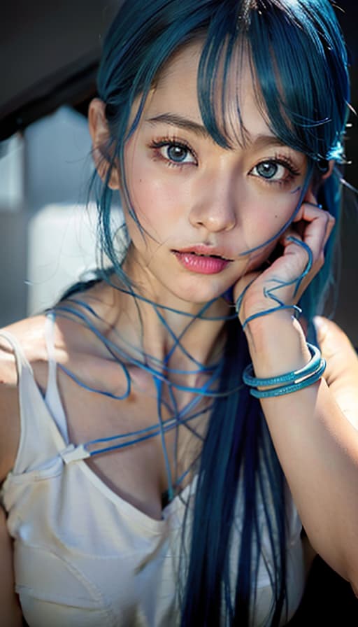  Cute, beautiful girl, blue hair, (Masterpiece, BestQuality:1.3), (ultra detailed:1.2), (hyperrealistic:1.3), (RAW photo:1.2),High detail RAW color photo, professional photograph, (Photorealistic:1.4), (realistic:1.4), ,professional lighting, (japanese), beautiful face, (realistic face)