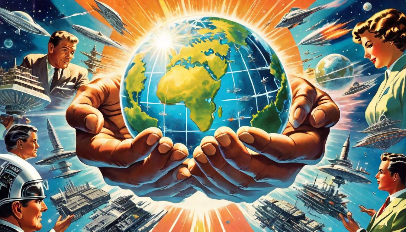  retro futuristic Many hands, each holding different elements of nature and technology, coming together over the globe, collaborative change, visionary enactment, seeds of evolution lvintage sci fi, 50s and 60s style, atomic age, vibrant, highly detailed