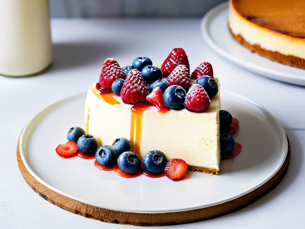  A closeup, ultradetailed image of a perfectly sliced piece of healthy cheesecake on a sleek, modern plate. The cheesecake is topped with a colorful array of fresh berries, drizzled with a light, glossy glaze that glistens under a soft, natural light. The texture of the cheesecake is velvety smooth and the berries are vibrant and enticing, creating a visually striking and appetizing composition. hyperrealistic, full body, detailed clothing, highly detailed, cinematic lighting, stunningly beautiful, intricate, sharp focus, f/1. 8, 85mm, (centered image composition), (professionally color graded), ((bright soft diffused light)), volumetric fog, trending on instagram, trending on tumblr, HDR 4K, 8K