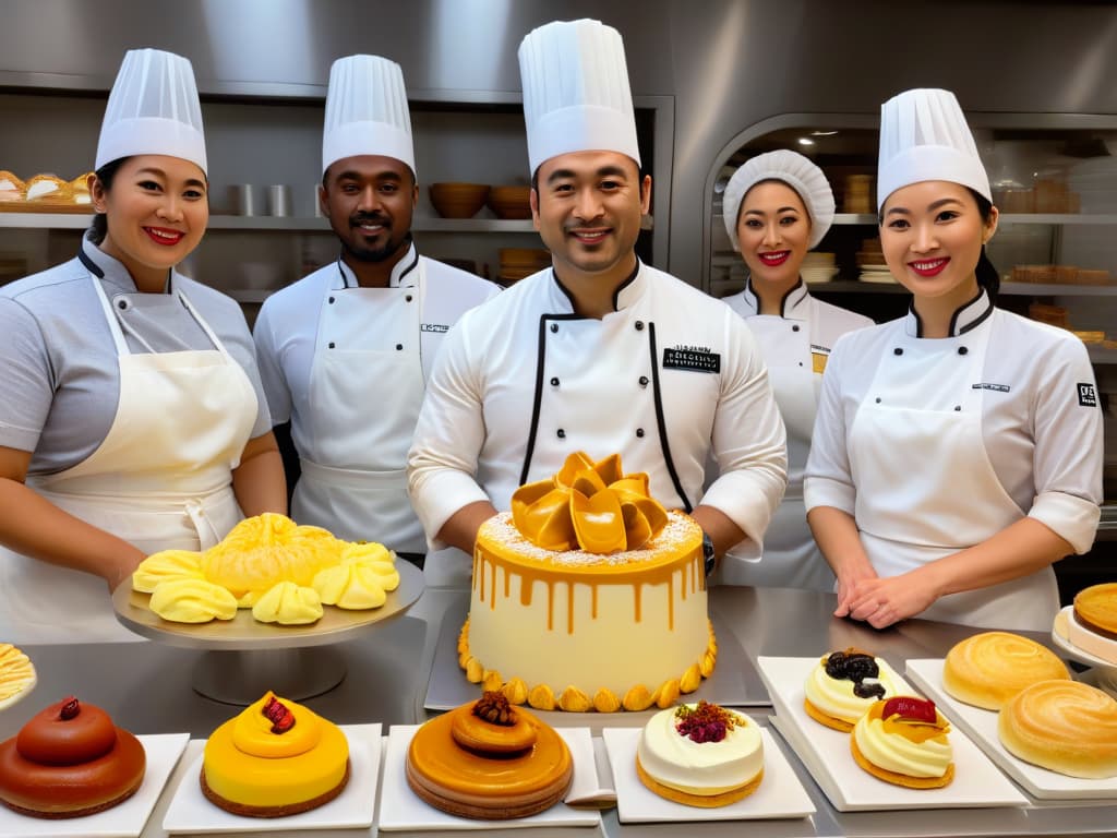  An exquisitely detailed, photorealistic image of a diverse group of bakers from around the world, each showcasing their unique cultural attire and baking techniques. The image features a Japanese pastry chef delicately crafting intricate pastries, a French baker expertly shaping croissants, a Mexican confectioner preparing colorful sweets, and an Italian gelato maker skillfully churning a creamy batch. The background displays a bustling international kitchen filled with an array of exotic ingredients and tools, adding to the immersive and inspirational atmosphere of crosscultural baking. hyperrealistic, full body, detailed clothing, highly detailed, cinematic lighting, stunningly beautiful, intricate, sharp focus, f/1. 8, 85mm, (centered image composition), (professionally color graded), ((bright soft diffused light)), volumetric fog, trending on instagram, trending on tumblr, HDR 4K, 8K