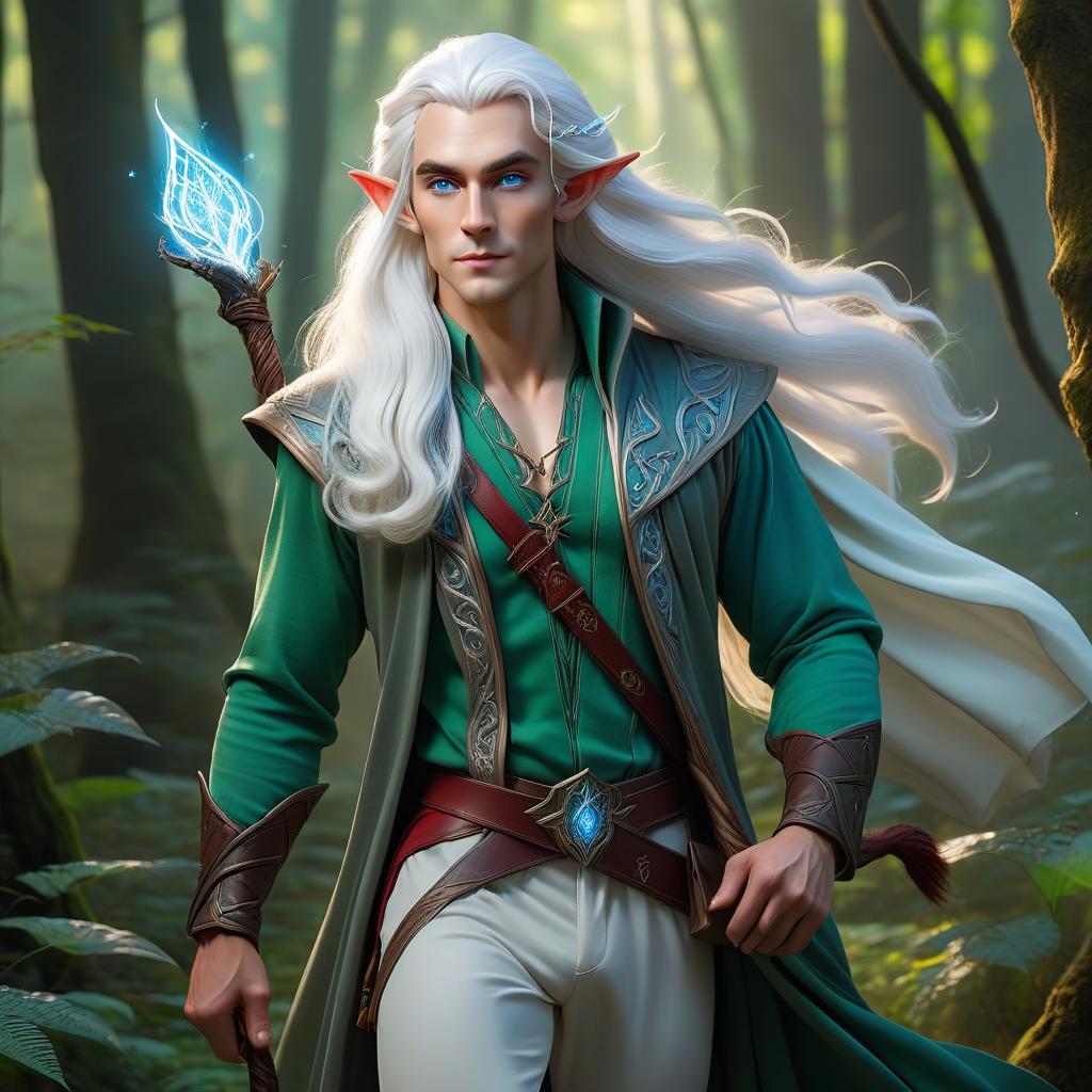  ethereal fantasy concept art of A fantasy forest where a male forest elf with blue eyes and long white hair walks. Dressed in a wizard's robes with a red cloak. In his right hand, a magic staff that he leans on while walking, and a bag hangs over his shoulder. . magnificent, celestial, ethereal, painterly, epic, majestic, magical, fantasy art, cover art, dreamy, hkmagic hyperrealistic, full body, detailed clothing, highly detailed, cinematic lighting, stunningly beautiful, intricate, sharp focus, f/1. 8, 85mm, (centered image composition), (professionally color graded), ((bright soft diffused light)), volumetric fog, trending on instagram, trending on tumblr, HDR 4K, 8K