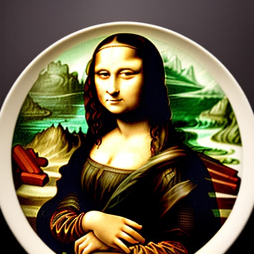  The Mona Lisa holding a white plate of fine dark chocolate candy pieces. background expanded. Painted in the style of Leonardo Da Vinci.