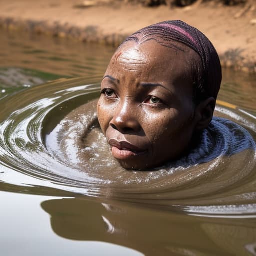  african woman's head drowning in the river the water is up to her nose