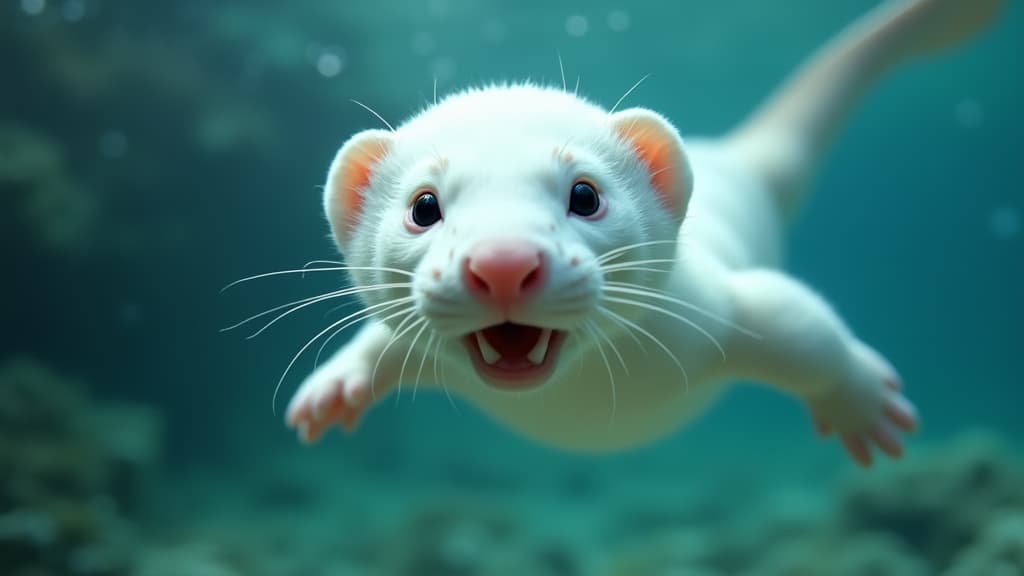  good quality, high quality, a white ferret swims underwater, looking directly at the camera with a playful expression