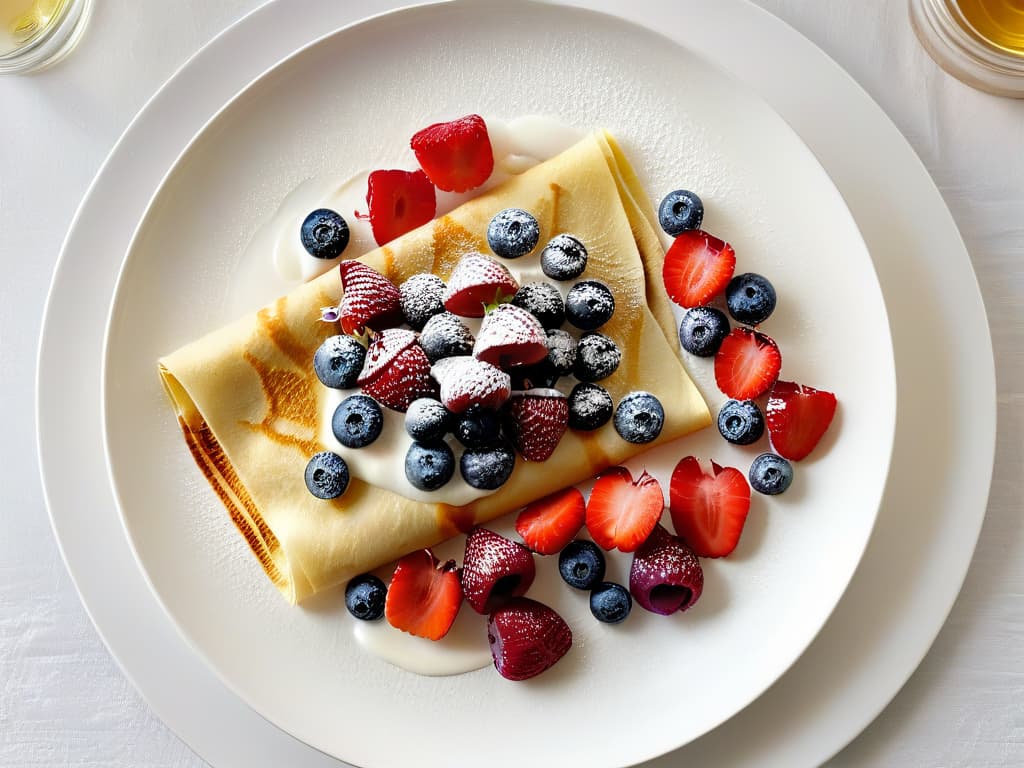  A minimalistic and elegant image of a perfectly cooked, goldenbrown crepe filled with fresh berries and a dollop of Greek yogurt, drizzled with a light touch of honey, all presented on a clean, white plate with a sprig of mint on the side. The crepe is delicately folded into a triangle, showcasing the colorful fruit filling, the creamy yogurt, and the glossy honey, enticing the viewer with its vibrant and fresh presentation. hyperrealistic, full body, detailed clothing, highly detailed, cinematic lighting, stunningly beautiful, intricate, sharp focus, f/1. 8, 85mm, (centered image composition), (professionally color graded), ((bright soft diffused light)), volumetric fog, trending on instagram, trending on tumblr, HDR 4K, 8K