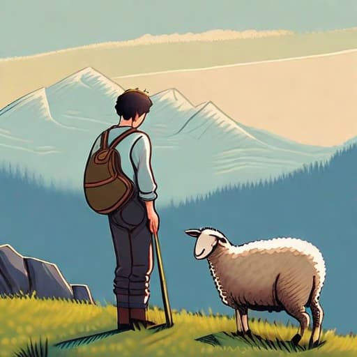  I want a picture of a young man tending sheep in a wide field between the mountains, holding a wooden stick in his hand, raising this stick to the top and putting his other hand in his pocket.