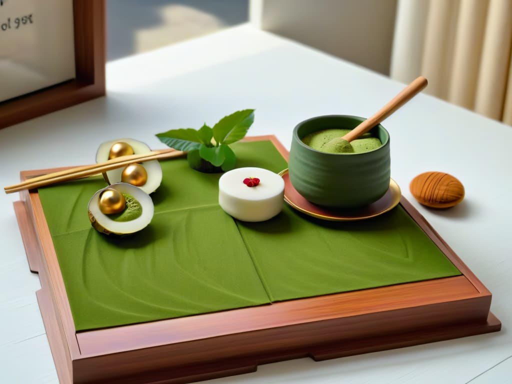  An ultradetailed 8k image of a delicate, minimalist tea ceremony setup featuring a sleek white ceramic matcha bowl filled with vibrant green matcha tea, surrounded by a bamboo whisk, a small plate of traditional Japanese sweets, and a wooden tray against a backdrop of soft natural light filtering through a paper screen. hyperrealistic, full body, detailed clothing, highly detailed, cinematic lighting, stunningly beautiful, intricate, sharp focus, f/1. 8, 85mm, (centered image composition), (professionally color graded), ((bright soft diffused light)), volumetric fog, trending on instagram, trending on tumblr, HDR 4K, 8K