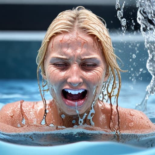  tanned blonde woman's face drowning in water she's panic and screaming