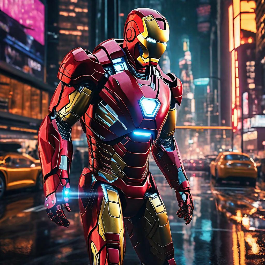  masterpiece, best quality, masterpiece, 8k resolution, realistic, highly detailed, Iron Man close-up. He stands on a street lined with tall buildings in a cyberpunk style city at night. The city's night lights are bright, and the surrounding buildings and streets are full of cyberpunk elements such as neon lights, high-tech equipment and futuristic architectural design.