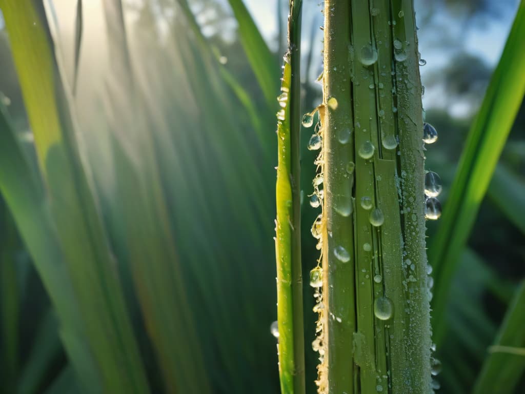  A closeup, ultradetailed image of a single goldenbrown sugar cane stalk, glistening with droplets of dew under the sunlight. The intricate texture of the stalk's surface is visible, showcasing the natural fibers and nodes characteristic of sugar cane. The background is blurred, emphasizing the purity and simplicity of the sugar cane in its raw, unprocessed form. hyperrealistic, full body, detailed clothing, highly detailed, cinematic lighting, stunningly beautiful, intricate, sharp focus, f/1. 8, 85mm, (centered image composition), (professionally color graded), ((bright soft diffused light)), volumetric fog, trending on instagram, trending on tumblr, HDR 4K, 8K