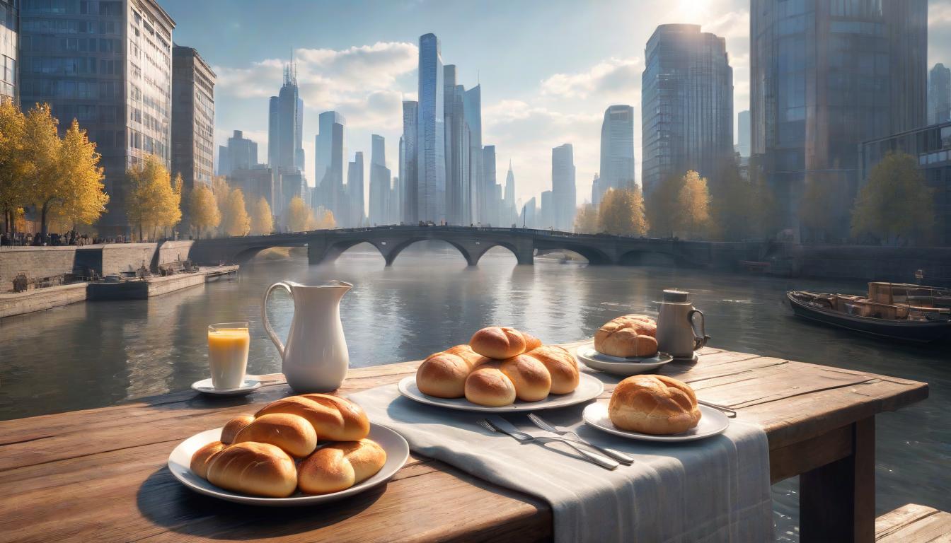  Morning riverbank shelf tablecloth pitcher milk bread birch bridge skyscrapers sun clouds hyperrealistic, full body, detailed clothing, highly detailed, cinematic lighting, stunningly beautiful, intricate, sharp focus, f/1. 8, 85mm, (centered image composition), (professionally color graded), ((bright soft diffused light)), volumetric fog, trending on instagram, trending on tumblr, HDR 4K, 8K