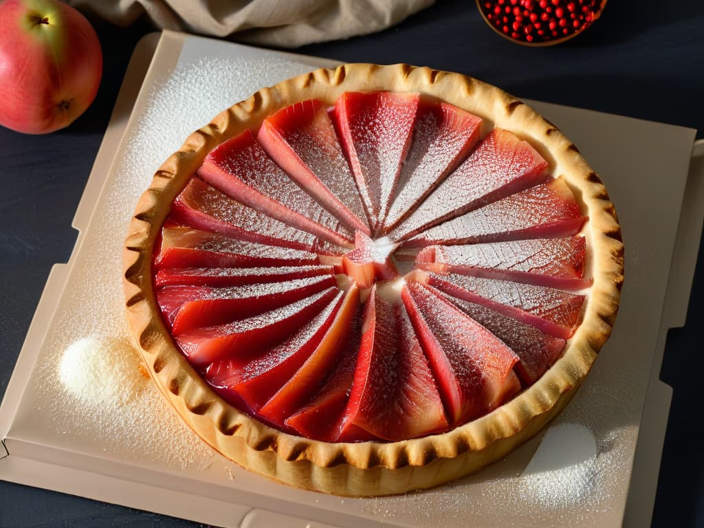  An ultradetailed and minimalistic closeup image of a freshly baked guava tart, showcasing the golden, flaky crust cradling a generous layer of vibrant guava filling, sprinkled with delicate powdered sugar. The guava slices on top glisten from a light glaze, with a hint of steam rising, promising a warm, tropical flavor explosion with every bite. hyperrealistic, full body, detailed clothing, highly detailed, cinematic lighting, stunningly beautiful, intricate, sharp focus, f/1. 8, 85mm, (centered image composition), (professionally color graded), ((bright soft diffused light)), volumetric fog, trending on instagram, trending on tumblr, HDR 4K, 8K