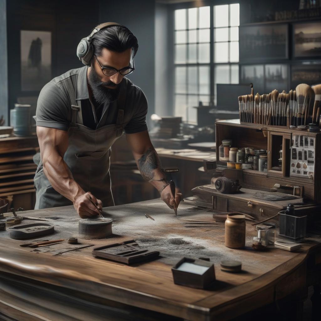  Aesthetic photo of a gray colored bank with a paintbrush repair view from above, light interior, wooden surface. hyperrealistic, full body, detailed clothing, highly detailed, cinematic lighting, stunningly beautiful, intricate, sharp focus, f/1. 8, 85mm, (centered image composition), (professionally color graded), ((bright soft diffused light)), volumetric fog, trending on instagram, trending on tumblr, HDR 4K, 8K