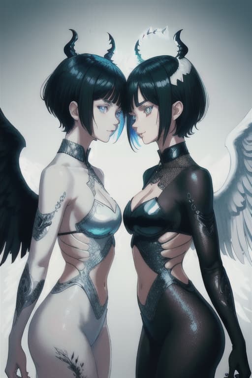  ((Black Devil's Black Girl & White Angel's White Girl with Wings)), (Black Eye Black Short Hair Devil Girl & Angel with White Eye White Eye) ), (Two people who tangle your fingers with your cheeks and staring at each other), (masterpiece, ultimate quality), official art, aesthetic, (diffusion lighting, environmental lighting, rim lighting), ((detailed skin texture) Realistic Skin), the best shadow, very detail, fractal art, the best details, colorful, 8K Wallpaper, Raw Photo Realistic Detailed, Absurd Detailed, 2-Girls, the side from the side, smile