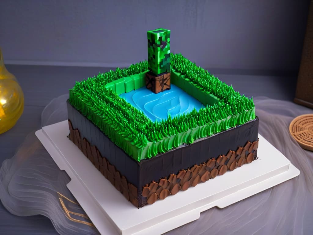  A detailed image of a square Minecraft cake with pixelated frosting in shades of green, brown, and black, adorned with edible fondant Minecraftthemed decorations like pickaxes, creepers, and grass blocks. The cake sits on a sleek white platter against a clean black background, showcasing its intricate design and appealing to gamers and Minecraft enthusiasts. hyperrealistic, full body, detailed clothing, highly detailed, cinematic lighting, stunningly beautiful, intricate, sharp focus, f/1. 8, 85mm, (centered image composition), (professionally color graded), ((bright soft diffused light)), volumetric fog, trending on instagram, trending on tumblr, HDR 4K, 8K