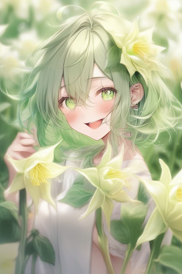  Masterpiece,(((a male))),delicate light green hair color,short hair,smile,V眉,delicate face,(((larynx))),(((Aquilegia:Columbine flowers))),fresh,high quality,8K