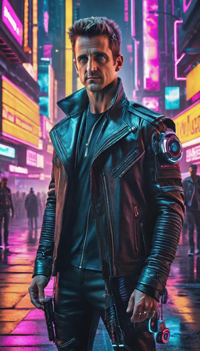  Cyberpunk style depiction of Joey McIntyre . The scene is set in a world where technology has advanced, but society and human conditions have not, creating a gritty, dystopian atmosphere. hyperrealistic, full body, detailed clothing, highly detailed, cinematic lighting, stunningly beautiful, intricate, sharp focus, f/1. 8, 85mm, (centered image composition), (professionally color graded), ((bright soft diffused light)), volumetric fog, trending on instagram, trending on tumblr, HDR 4K, 8K