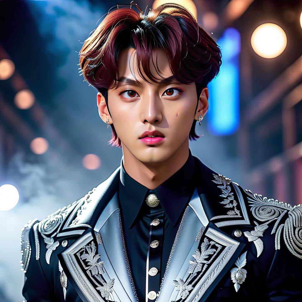  Jeon Jungkook of BTS hyperrealistic, full body, detailed clothing, highly detailed, cinematic lighting, stunningly beautiful, intricate, sharp focus, f/1. 8, 85mm, (centered image composition), (professionally color graded), ((bright soft diffused light)), volumetric fog, trending on instagram, trending on tumblr, HDR 4K, 8K