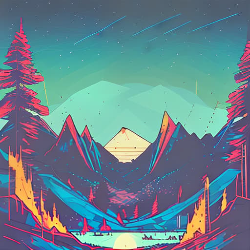 nvinkpunk Whimsical mountains with trees, camping tent and fire