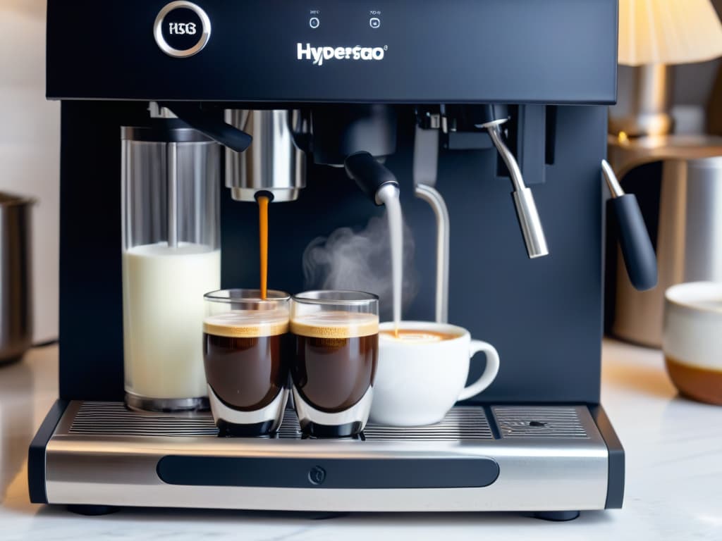  An ultradetailed image of a sleek, matte black highend espresso machine, featuring polished chrome accents and illuminated touch controls. The machine is placed on a white marble countertop, with a steam wand frothing milk in a stainless steel pitcher, while a perfect espresso shot is being extracted into a glass cup, showcasing the rich crema on top. The background is softly blurred to keep the focus on the machine and its intricate details, creating a modern and elegant aesthetic. hyperrealistic, full body, detailed clothing, highly detailed, cinematic lighting, stunningly beautiful, intricate, sharp focus, f/1. 8, 85mm, (centered image composition), (professionally color graded), ((bright soft diffused light)), volumetric fog, trending on instagram, trending on tumblr, HDR 4K, 8K