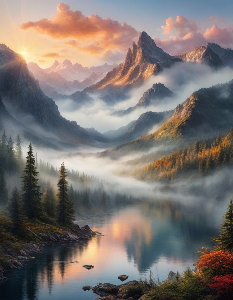  watercolor painting digital painting of a beautiful mountain landscape, lake, forest, sunset, cloudy . vibrant, beautiful, painterly, detailed, textural, artistic hyperrealistic, full body, detailed clothing, highly detailed, cinematic lighting, stunningly beautiful, intricate, sharp focus, f/1. 8, 85mm, (centered image composition), (professionally color graded), ((bright soft diffused light)), volumetric fog, trending on instagram, trending on tumblr, HDR 4K, 8K