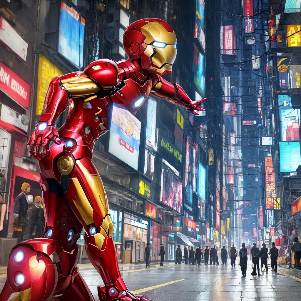  masterpiece, best quality, masterpiece, 8k resolution, realistic, highly detailed, Iron Man close-up. He stands on a street lined with tall buildings in a cyberpunk style city at night. The city's night lights are bright, and the surrounding buildings and streets are full of cyberpunk elements such as neon lights, high-tech equipment and futuristic architectural design.