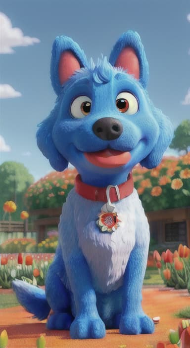  {The red ball nestled in a bed of colorful flowers like daisies and tulips, The big blue dog is large with sky blue fur, big round eyes, a black nose, and floppy ears.