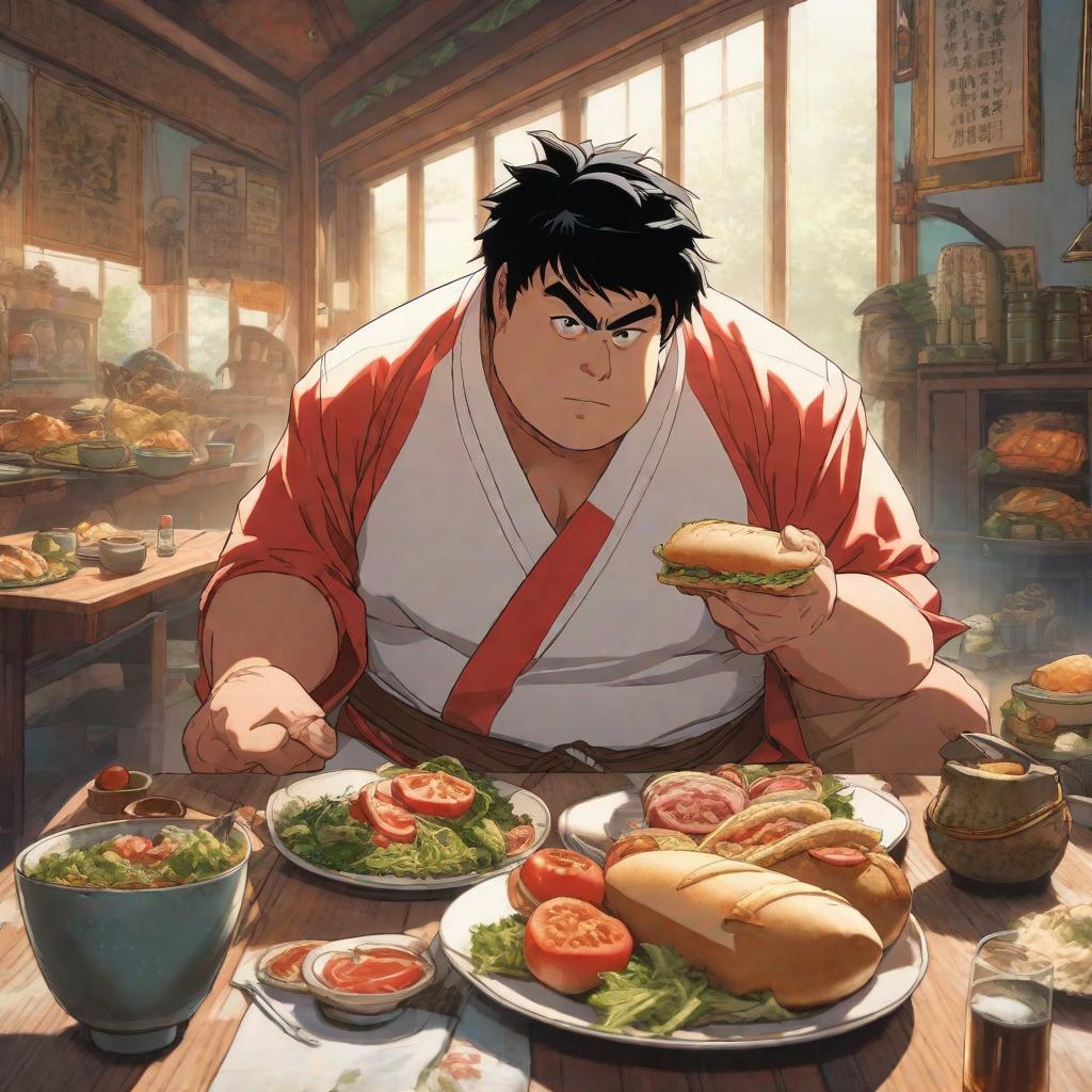  The picture shows a fat young man from behind, with black hair, wearing a karate uniform, eating a sandwich., anime concept art by Hayao Miyazaki, featured on pixiv, fantasy art, concept art, official art, high detailed hyperrealistic, full body, detailed clothing, highly detailed, cinematic lighting, stunningly beautiful, intricate, sharp focus, f/1. 8, 85mm, (centered image composition), (professionally color graded), ((bright soft diffused light)), volumetric fog, trending on instagram, trending on tumblr, HDR 4K, 8K