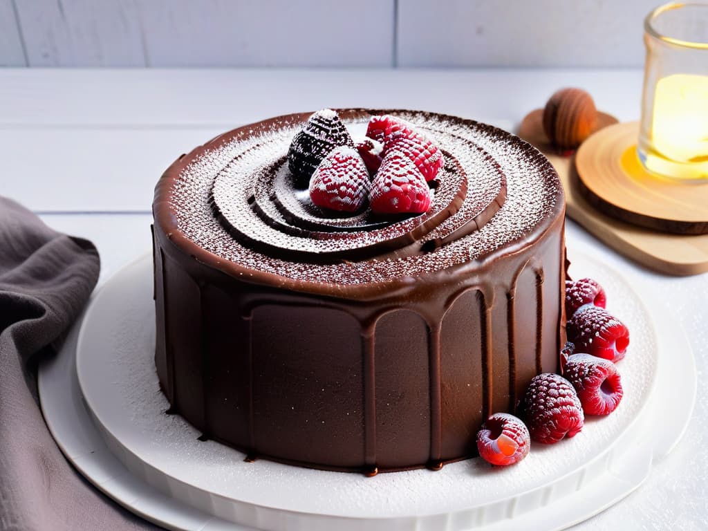  An exquisitely detailed closeup image of a decadent vegan chocolate cake, perfectly moist and rich, adorned with fresh raspberries and a dusting of cocoa powder on a sleek, minimalist white plate. The cake's texture is velvety and moist, with visible layers of chocolate ganache and a glossy finish that catches the light in a luxurious manner. The raspberries are plump and vibrant, adding a pop of color to the elegant presentation. The image conveys sophistication and indulgence, highlighting the allure of highquality ingredients in vegan baking. hyperrealistic, full body, detailed clothing, highly detailed, cinematic lighting, stunningly beautiful, intricate, sharp focus, f/1. 8, 85mm, (centered image composition), (professionally color graded), ((bright soft diffused light)), volumetric fog, trending on instagram, trending on tumblr, HDR 4K, 8K