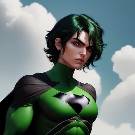  make a entire body character superhero with green dark hair and black superhero costume and clouds around
